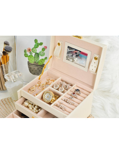 BAÚ  GUARDA JOIAS COM ESPELHO BEJE