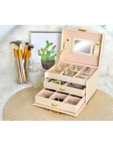 BAÚ  GUARDA JOIAS COM ESPELHO BEJE